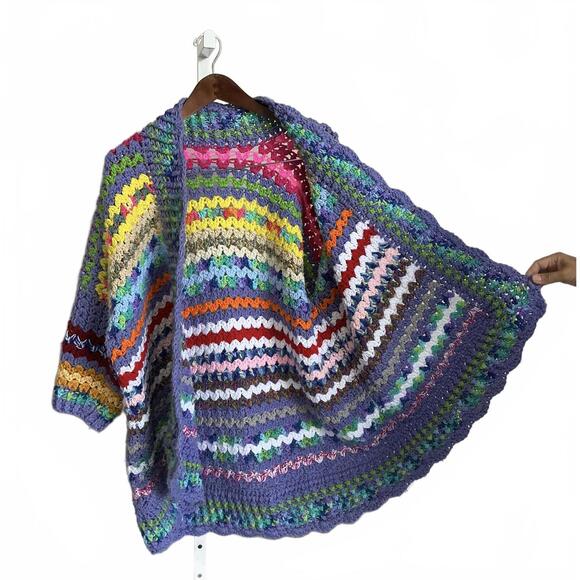Vintage Multicolor, Cottage core Handmade Crochet Knit  chunky Cardigan Bohemian - Picture 5 of 9